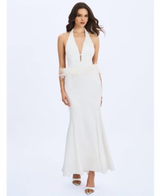 Women Solene Pleated Halter Backless Feather-Trim Maxi Dress