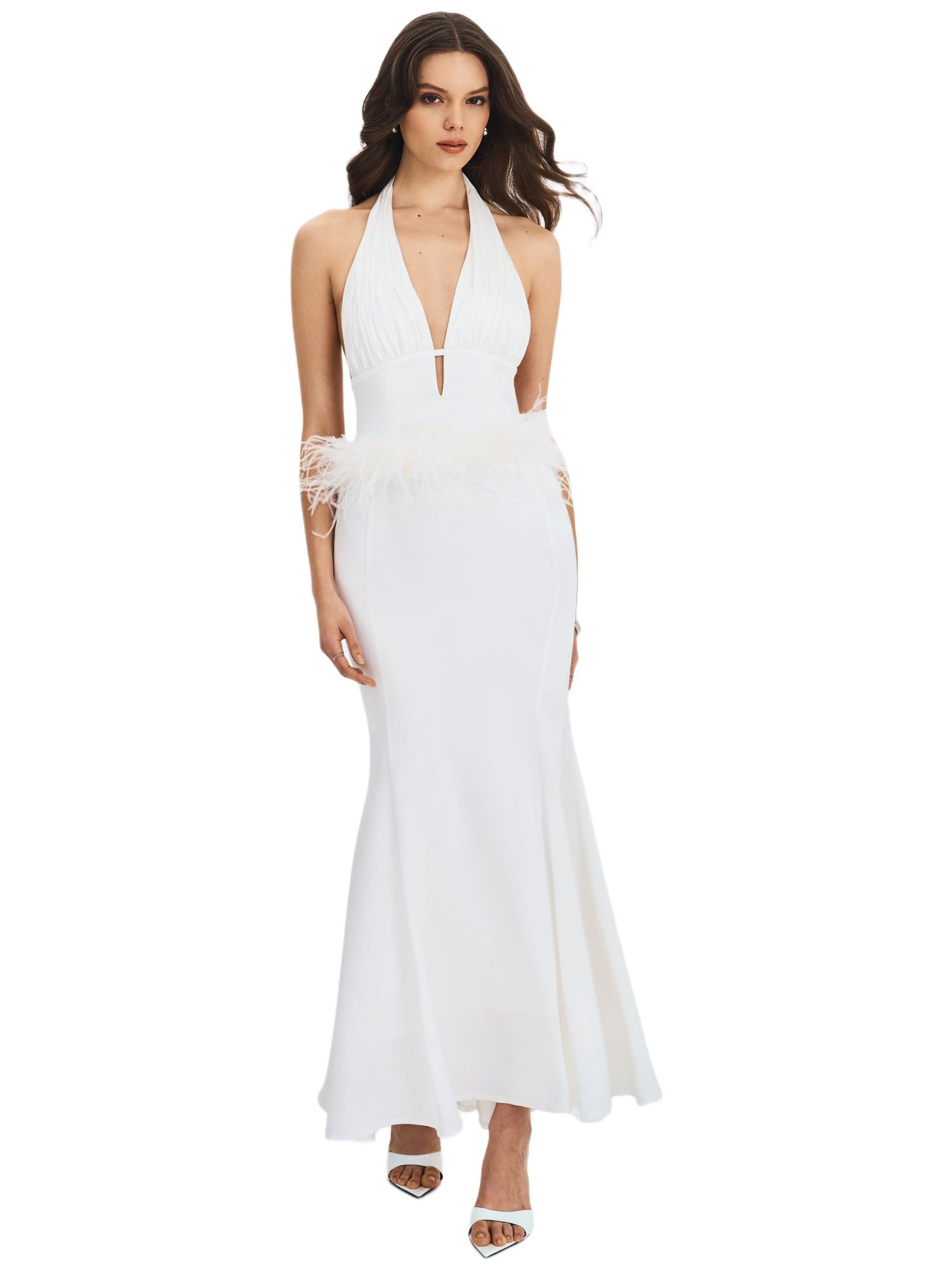 Women Solene Pleated Halter Backless Feather-Trim Maxi Dress