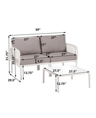 3 Piece Modern Outdoor Patio Sectional Conversation Set with Square Coffee Table Waterproof Thick Cushions White Light Gray for Porch Balcony