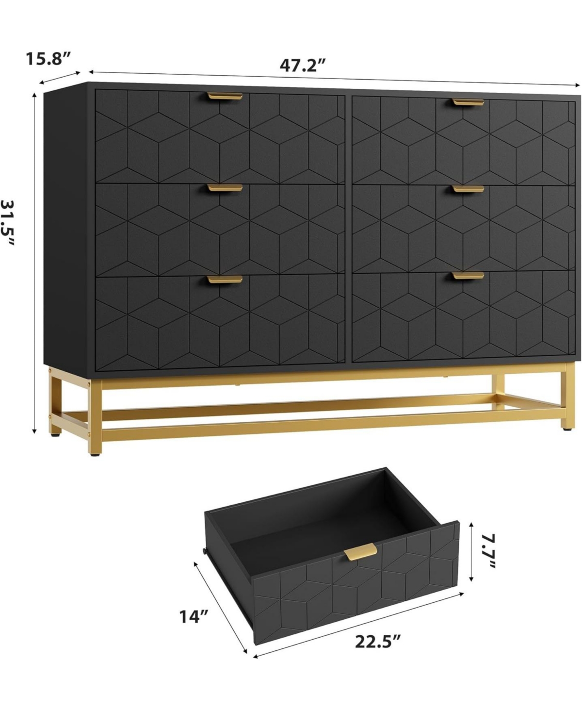 Gaomon 47.2" Wide Modern 6 Drawer Dresser Chest, Gold Metal Legs & Handles, Wood Storage Organizer for Bedroom