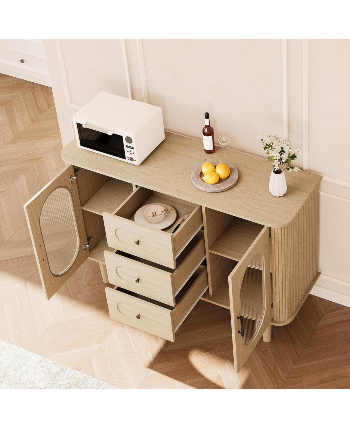 Gaomon 47" Sideboard Buffet Cabinet with Fluted Glass Doors & 3 Drawers