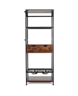 Adjustable Raised Dog Feeding Station with Storage Shelves and Hooks, 2 Stainless Steel Bowls