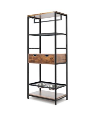 Adjustable Raised Dog Feeding Station with Storage Shelves and Hooks, 2 Stainless Steel Bowls