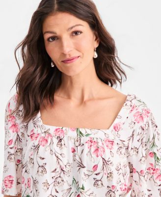 Women's Printed Square-Neck Flutter-Sleeve Top