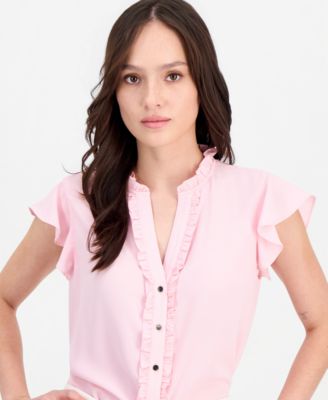 Petite Flutter-Sleeve Ruffle-Placket Top