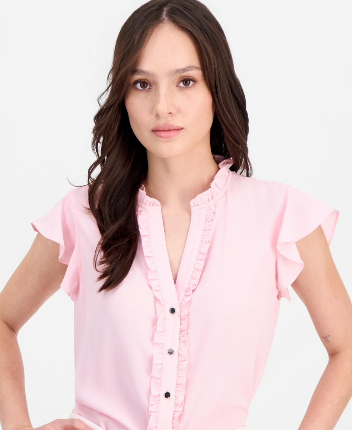 Anne Klein Essentials Petite Flutter-Sleeve Ruffle-Placket Top