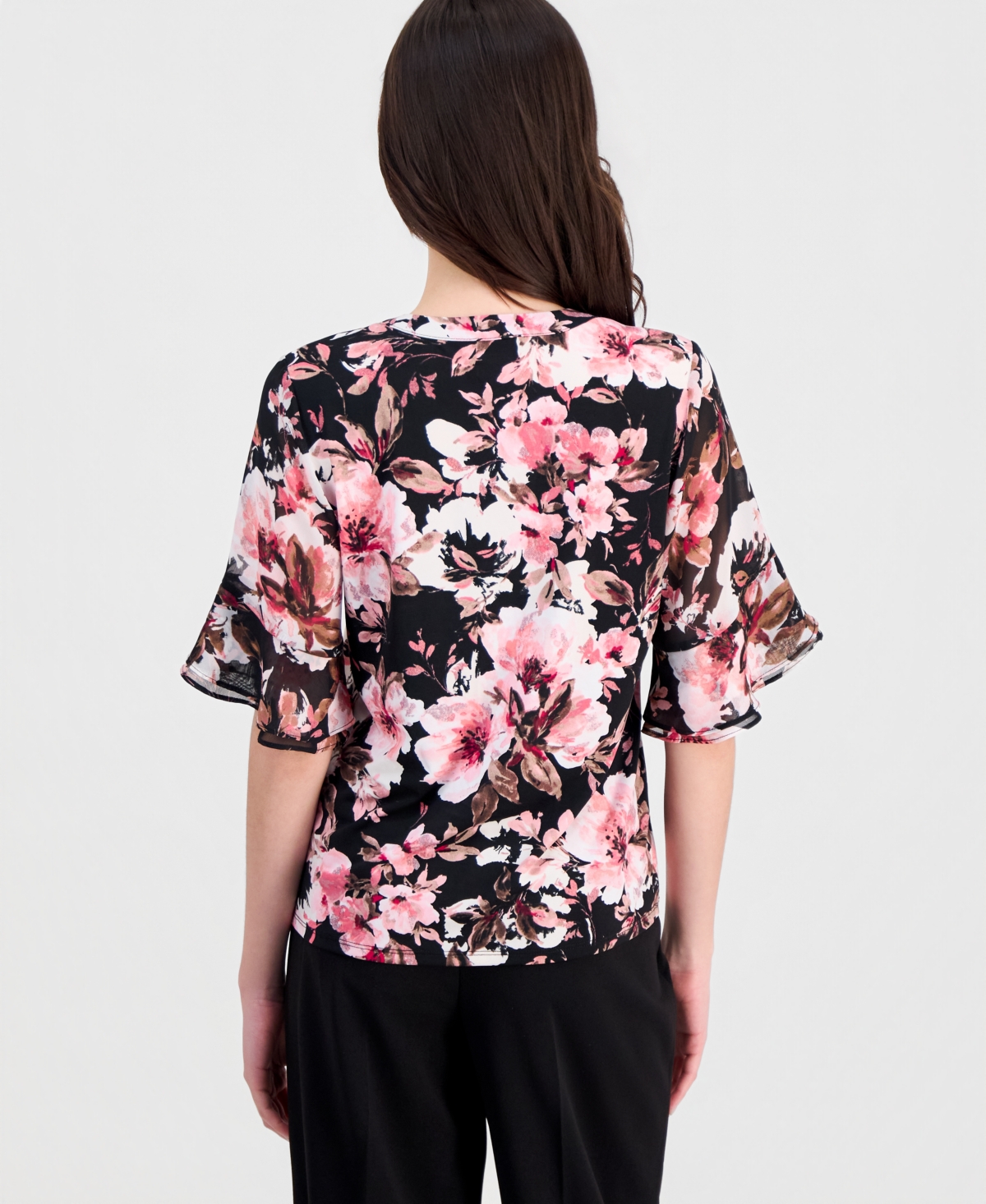 Anne Klein Essentials Petite Ruffle-Cuff Split-Neck Top