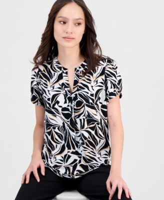 Petite Tulip-Sleeve Printed Split-Neck Top