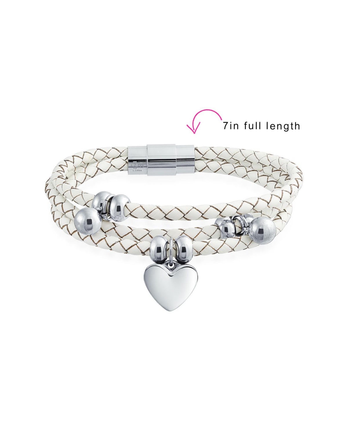 Bling Jewelry Pink or White Wrap Bracelet with Braided Leather and Heart Charms Stainless Steel