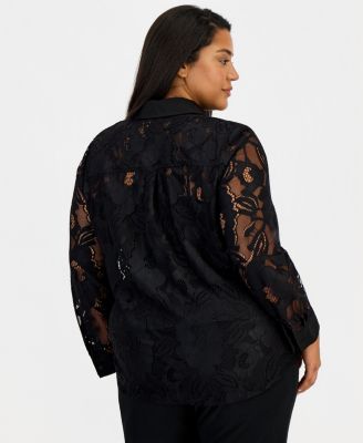 Plus Size Blossom Lace Button-Down Blouse