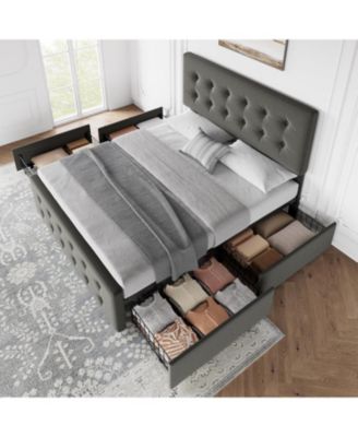 Full Size Bed Frame with 4 Storage Drawers and Headboard, Linen Upholstered Platform Bed Frame with Wooden Slats Support