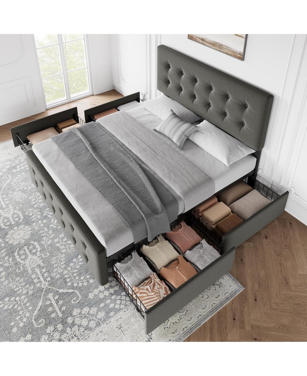 gaomon Full Size Bed Frame with 4 Storage Drawers and Headboard, Linen Upholstered Platform Bed Frame with Wooden Slats Support