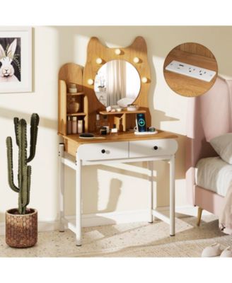 Small Kitty Vanity Desk with Lighted Mirror and Power Outlets, Makeup Table