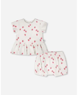 Baby Girls Cotton Rib Jersey Top and Short Set White Printed Strawberries