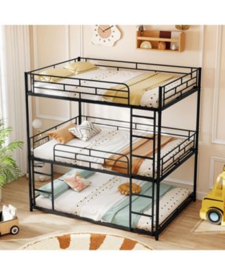 Triple Metal Bunk Bed with Dual Ladders and Safety Rails - 56