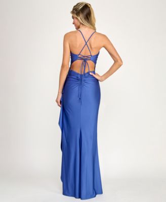 Juniors' Drape Neck Side Ruffle Gown