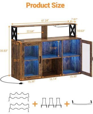 Wine Bar Cabinet with LED Lights & Power Outlets, Farmhouse Liquor Cabinet with Wine Rack & Glass Holder