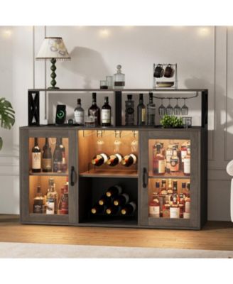 Wine Bar Cabinet with LED Lights & Power Outlets, Farmhouse Liquor Cabinet with Wine Rack & Glass Holder