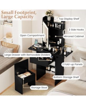 Space-Saving Vanity Desk with Lighted Mirror and Lights, Bedroom Makeup Table