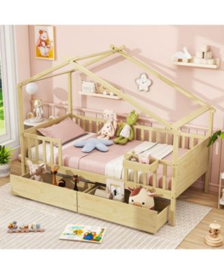 Twin Size House Bed with Roof Design and Two Built-In Drawers