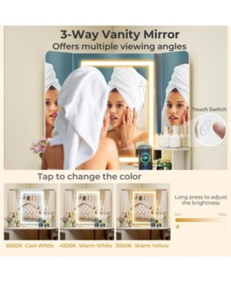 Corner Vanity Desk with Triple Mirror and Lights, Makeup Dressing Table