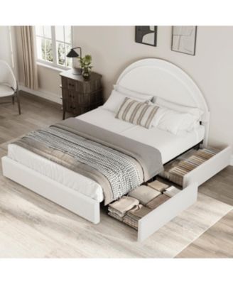 Full Bed Frame with Storage Drawers, Upholstered Boucle Platform, Round Headboard, Heavy-Duty, Noise-Free, No Box Spring, White