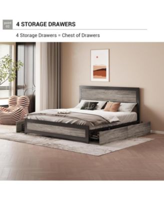 King Bed Frame with Headboard, Industrial Platform, 4 Storage Drawers, Charging Station, Metal Slats, Washed Gray