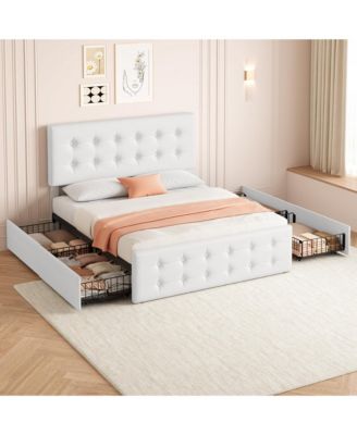 Full Bed Frame with Headboard & 4 Storage Drawers, Square Stitched Button Tufted Platform