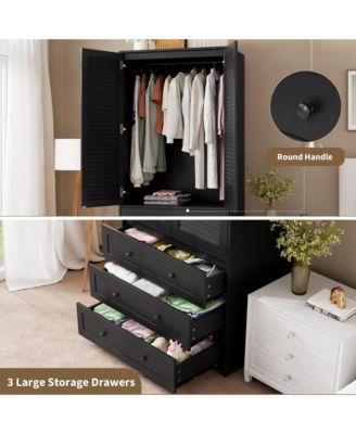 Armoire Wardrobe Closet with Drawers, 69.5" Wooden Wardrobe Cabinet with Hanging Rod & Doors