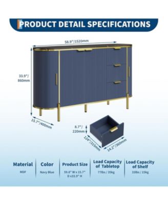 Sideboard Buffet Storage Cabinet, 60in Large Modern Fluted Cupboard Coffee Bar TV Console Cabinet with Adjustable Shelf for Kitchen