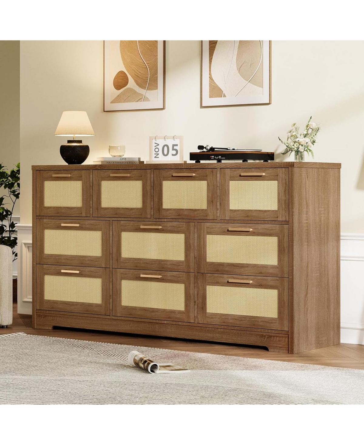 gaomon 10 Drawers Dresser for Bedroom, Rattan Chest of with Spacious Tabletop & Handles, Closet Organizer Tv Stand Living Room,