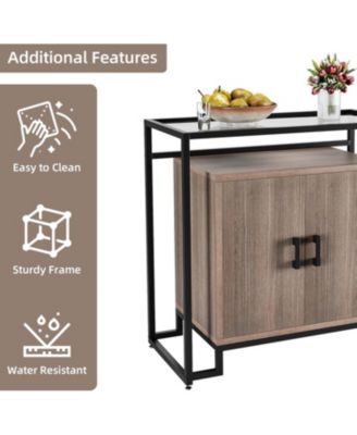 Rattan Nightstand with Tempered Glass Top, 2-Door Open Storage Cabinet with Steel Frame for Bedroom