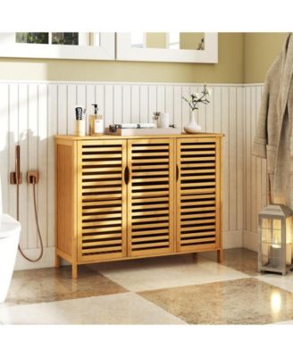 3-Door Bamboo Bathroom Cabinet with Shelves, Freestanding Storage Organizer