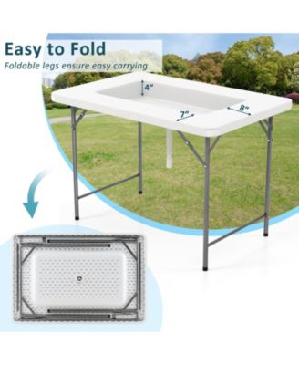 4 ft Folding Ice Bin Table with Skirt and Ice Bucket for Camping, Picnic, Wedding