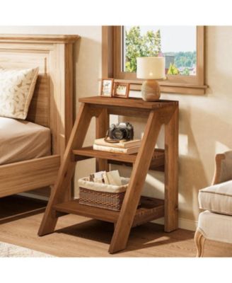 Solid Wood End Table Set of 2, 3-Tier Farmhouse Side Table with Open Storage Shelves, Rustic Nightstand for Living Room