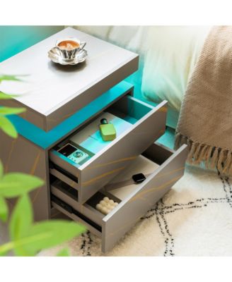 LED Nightstand with 2 Drawers, Bedside Table Cabinet with Adjustable Color Lighting, Modern End Side Table for Bedroom, Living Room