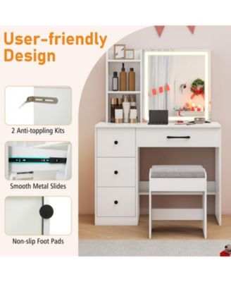 Vanity Desk and Chair Set with Sliding Lighted Mirror and 4 Drawers, Makeup Table