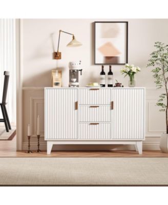 47.2" Fluted Buffet Cabinet, Mid-Century Sideboard with 2 Waveform Doors, Gold Handles, 3 Drawers & Adjustable Shelves