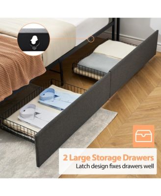 Full Bed Frame with 2 Storage Drawers, Charging Station
