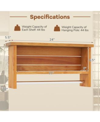 Wall-Mount 2-Tier Solid Teak Wood Bathroom Shelf with Towel Bar