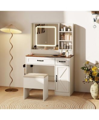 Farmhouse Vanity Desk with Lighted Mirror, Makeup Dressing Table