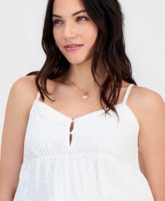 Juniors' V-Neck Cotton Eyelet Babydoll Tiered Top 