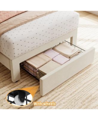 2 Sets Twin Bed Frame with Under-Bed Drawer, Upholstered Platform Bed with Wave Headboard for Kids/Girls, Wooden Slats Support