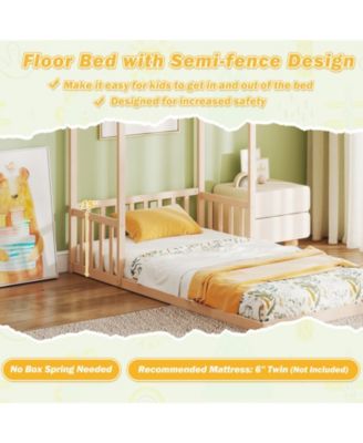 Slickblue Twin House-Shaped Bed with Roof and Semi Fence for Kids