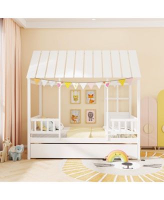 Twin-Size Platform House Bed with Trundle and Window
