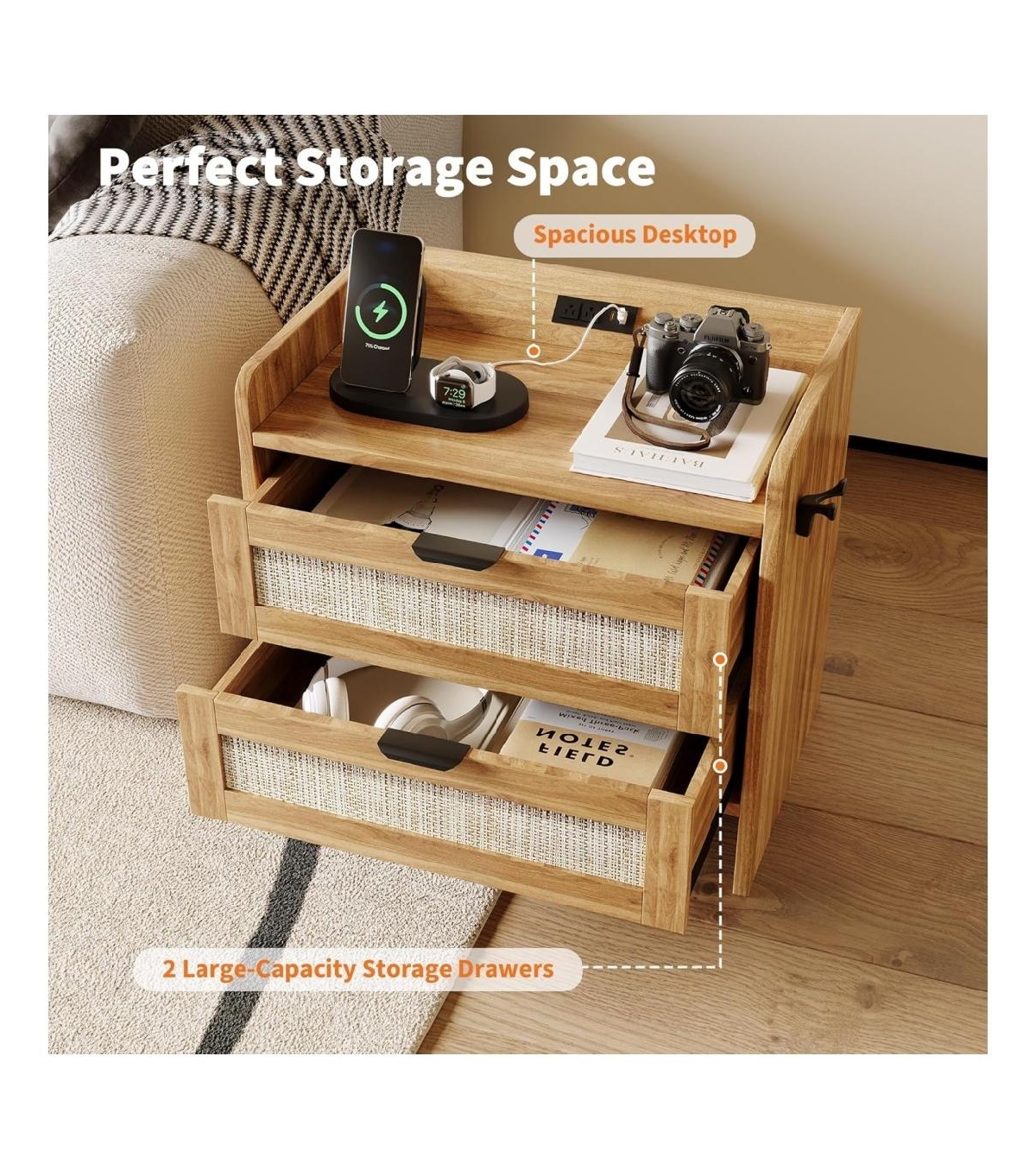 gaomon 1PC Walnut Brown Rattan Nightstand, 2-Drawer Bedside Table with Type-c Charging Station