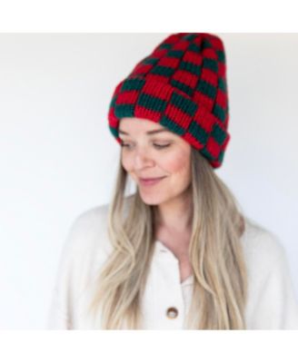 Women's Two-Tone Checkerboard Knit Beanie - Red + Green