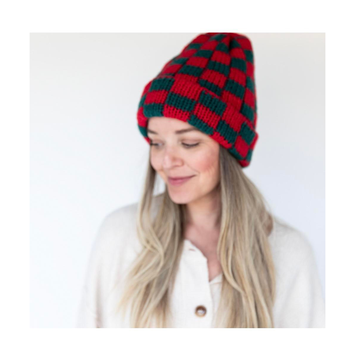 Headbands of Hope Women's Two-Tone Checkerboard Knit Beanie - Red + Green