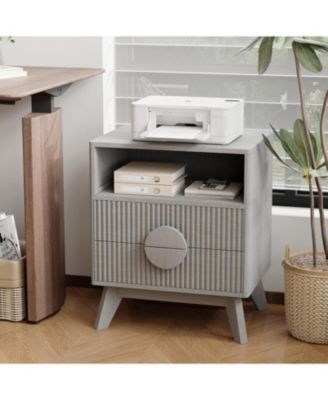 Set of 2 Natural Oak Fluted Wood Nightstands, Bedroom Bedside Table with USB Charging Station