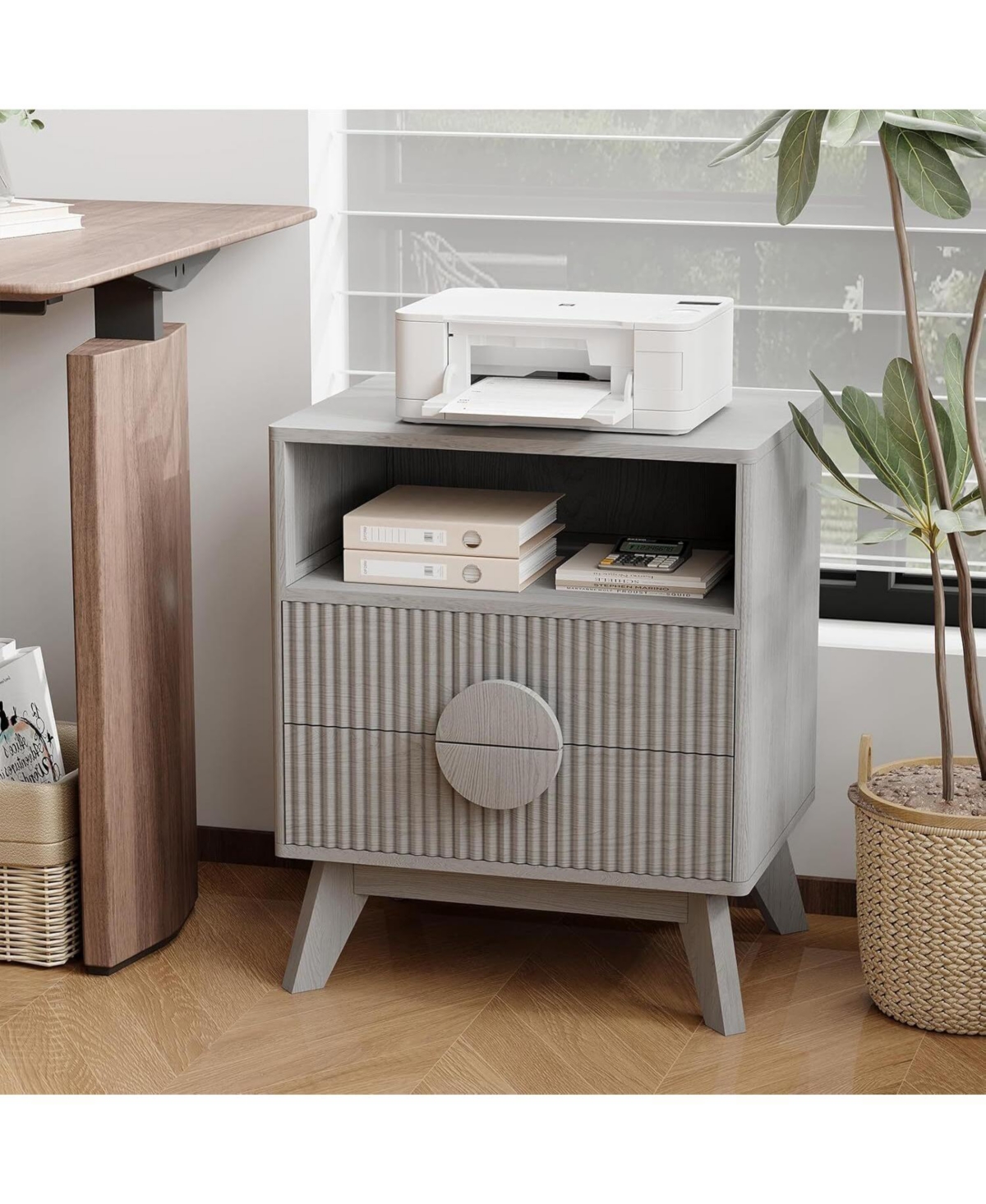 gaomon Set of 2 Natural Oak Fluted Wood Nightstands, Bedroom Bedside Table with Usb Charging Station